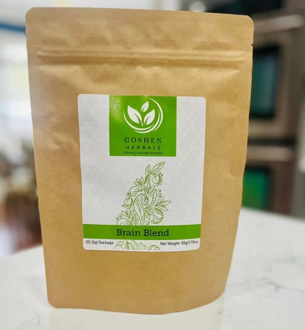 An eco-friendly bag of Goshen Herbals Brain Blend Tea, featuring vibrant herbal graphic.