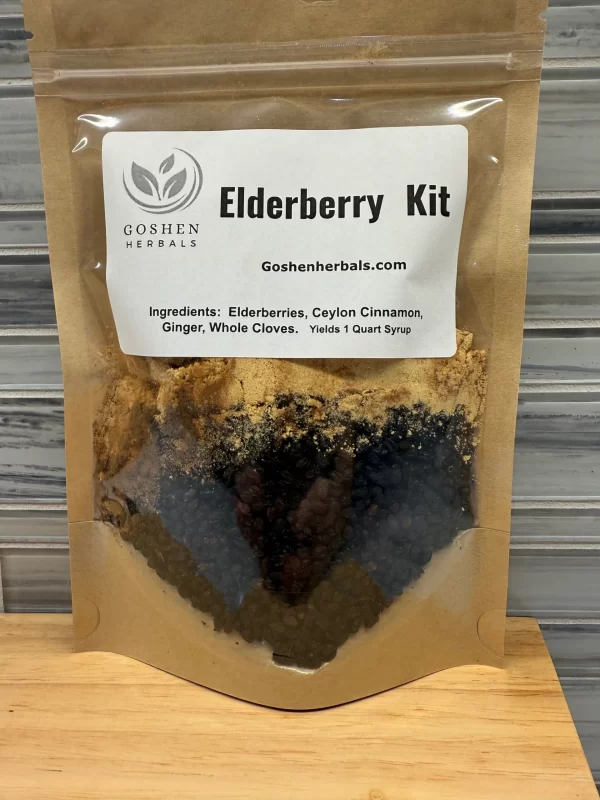 Organic Elderberry Kit featuring dried elderberries, herbal supplements, and natural ingredients neatly arranged in eco-friendly packaging, showcasing a rustic and wholesome approach to health and wellness.